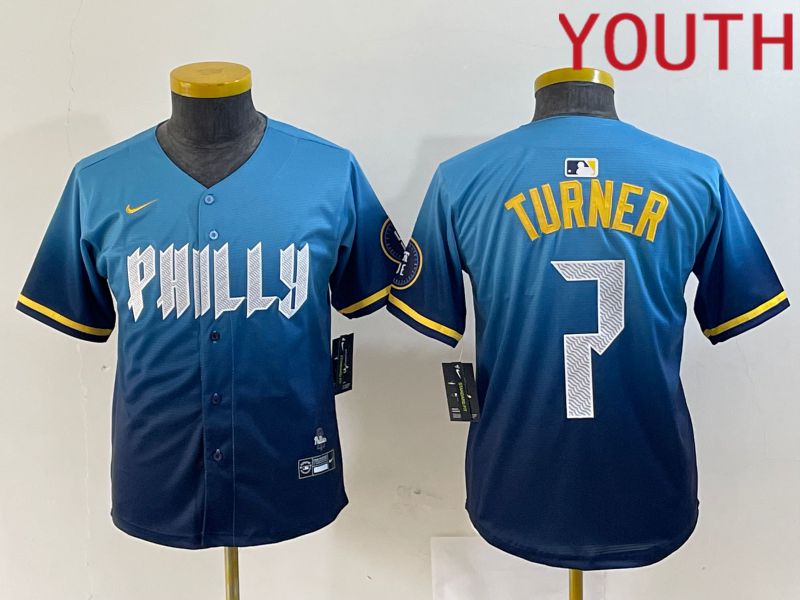 Youth Philadelphia Phillies #7 Turner Blue City Edition Nike 2024 MLB Jersey style 1->women mlb jersey->Women Jersey
